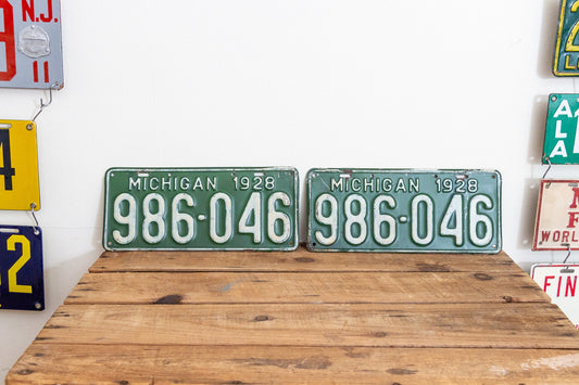 1928 Michigan License Plate Pair Vintage YOM Original Paint Car Decor - Eagle's Eye Finds