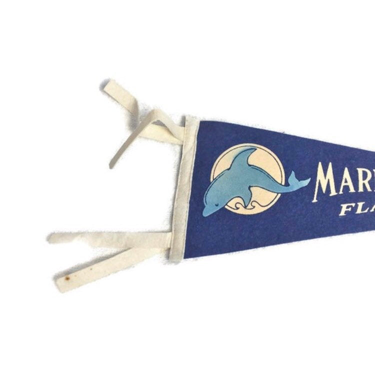 Marine Land Dolphin blue Felt Pennant Vintage Nautical Wall Decor - Eagle's Eye Finds