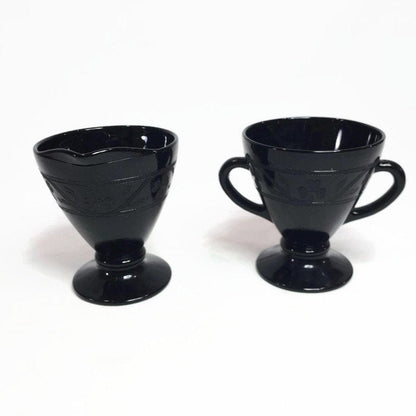 Black Cloverleaf Pattern Creamer and Sugar Depression Glass - Eagle's Eye Finds