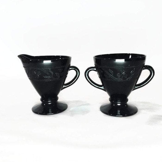 Black Cloverleaf Pattern Creamer and Sugar Depression Glass - Eagle's Eye Finds