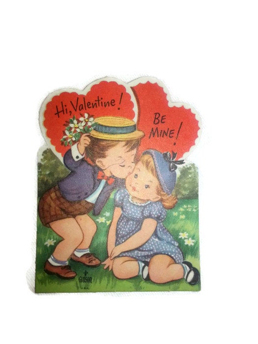 Retro Gibson Die Cut Kissing Kids Valentine - Eagle's Eye Finds