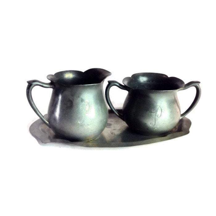 Colonial Pewter Sugar and Creamer with "P" Initial - Eagle's Eye Finds