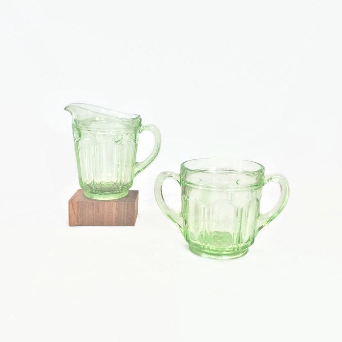 Green Colonial Cream and Sugar Vintage Depression Glass - Eagle's Eye Finds